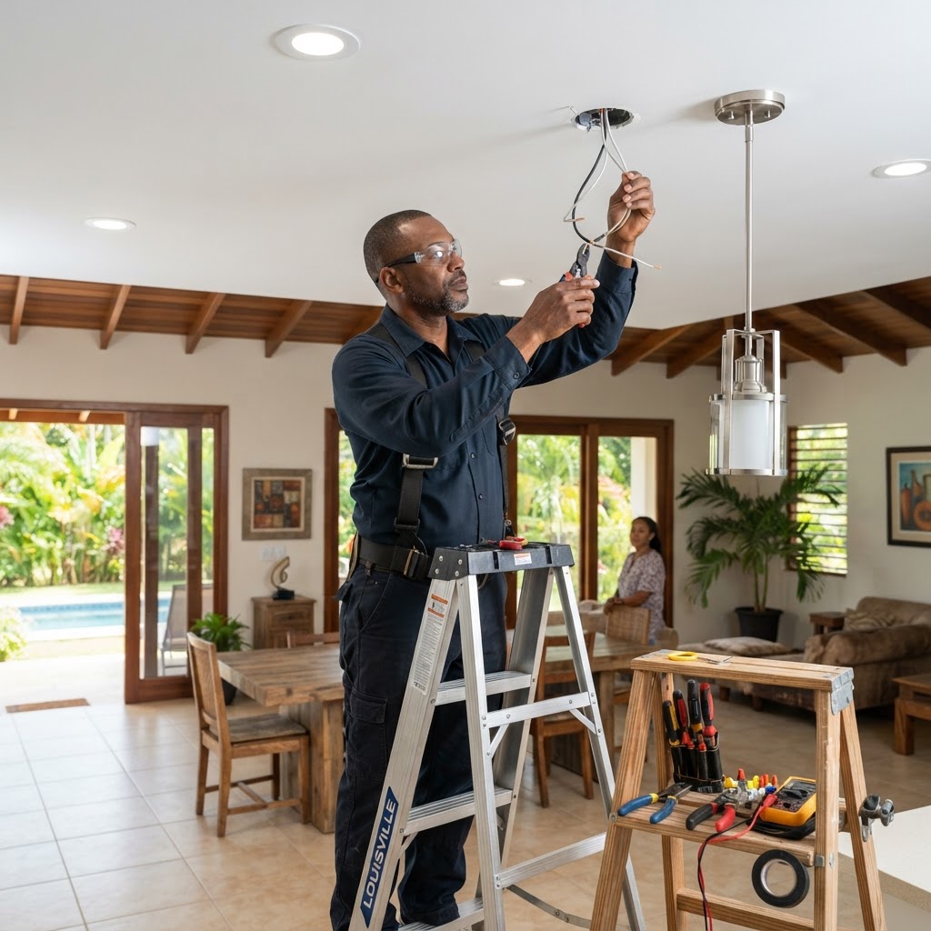 Professional installing indoor lighting installation.