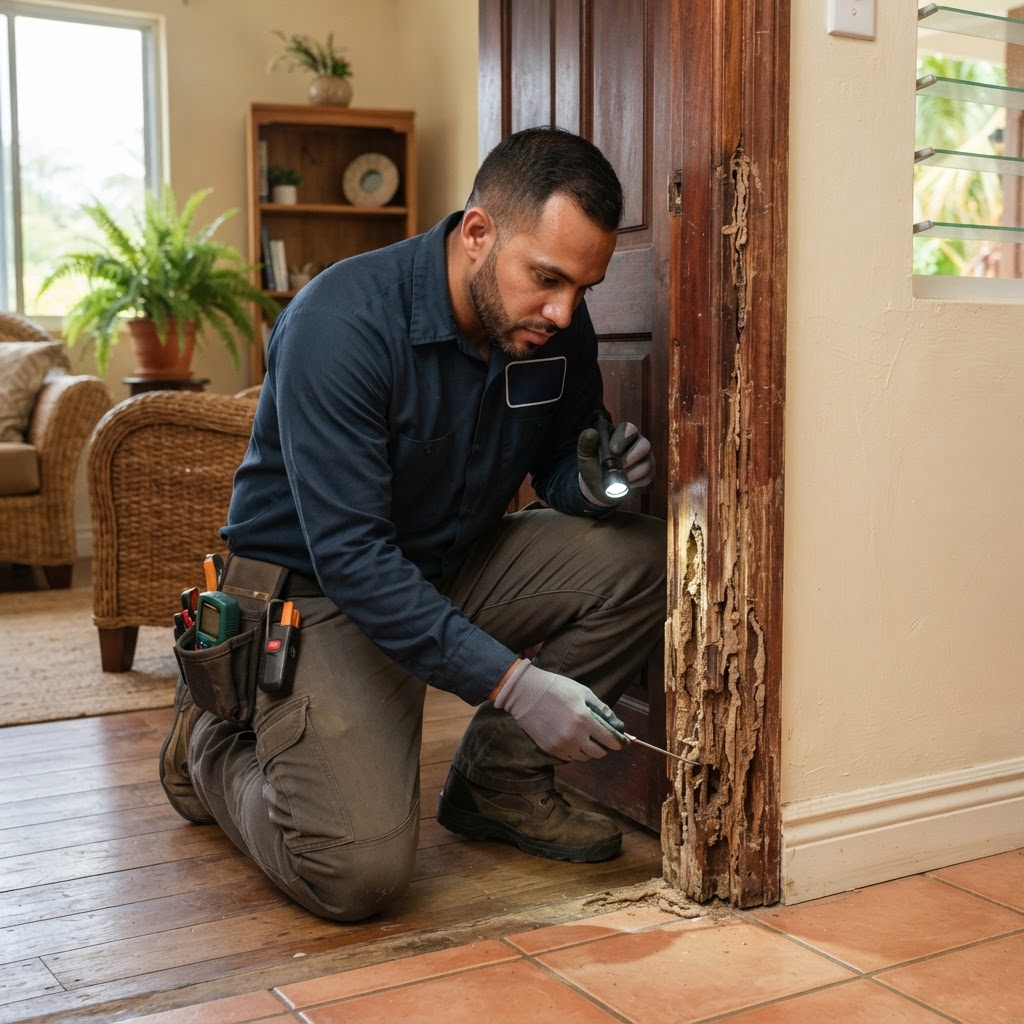 Professional pest control technician inspecting a wooden door frame for termite damage.