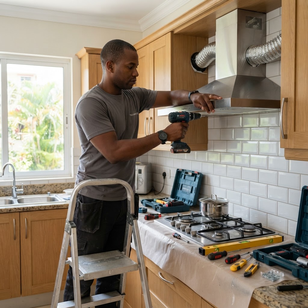 Professional installing kitchen extractor fan installation.
