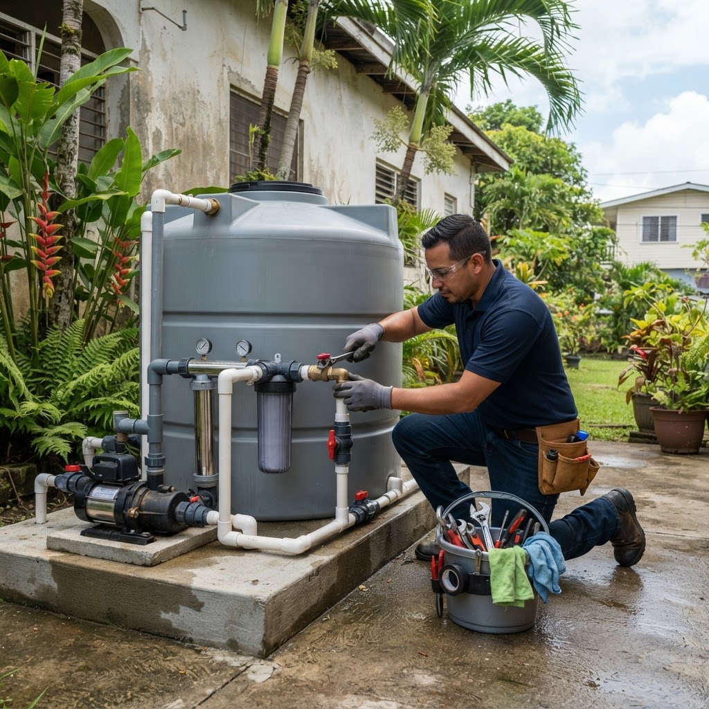 Professional servicing water storage system maintenance.