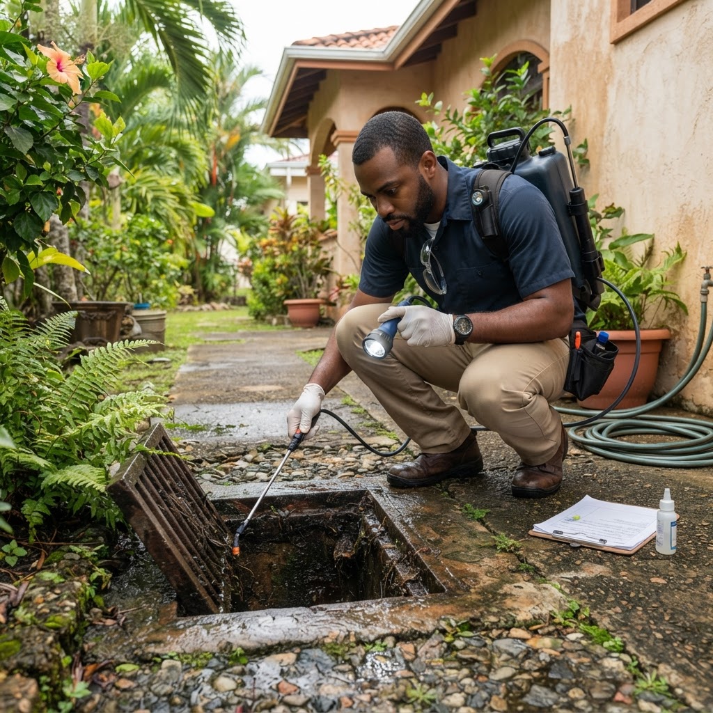 Professional pest control technician inspecting a drain for fly breeding activity.
