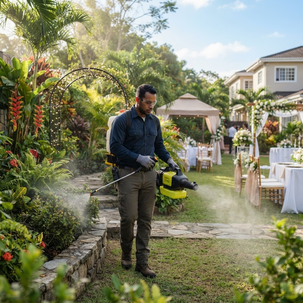 Professional pest control technician treating a backyard for mosquitoes.