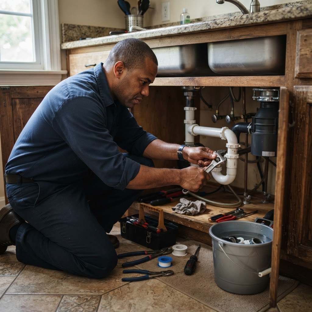 Professional plumber repairing pipes under a sink.
