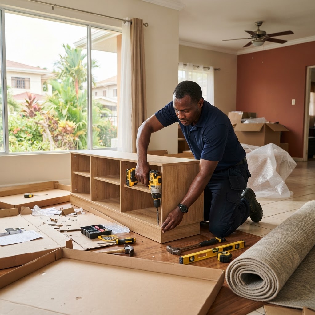 Professional installing furniture installation after relocation.