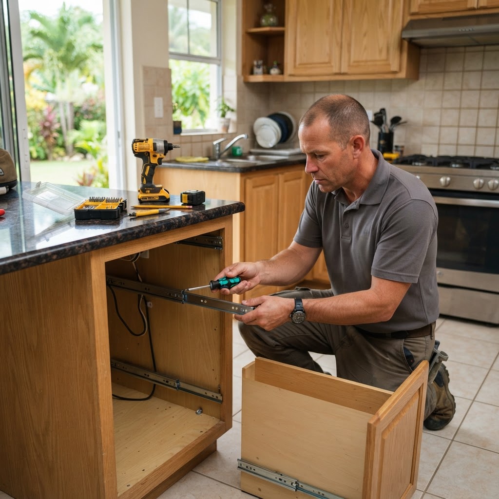 Professional repairing kitchen drawer repairs.