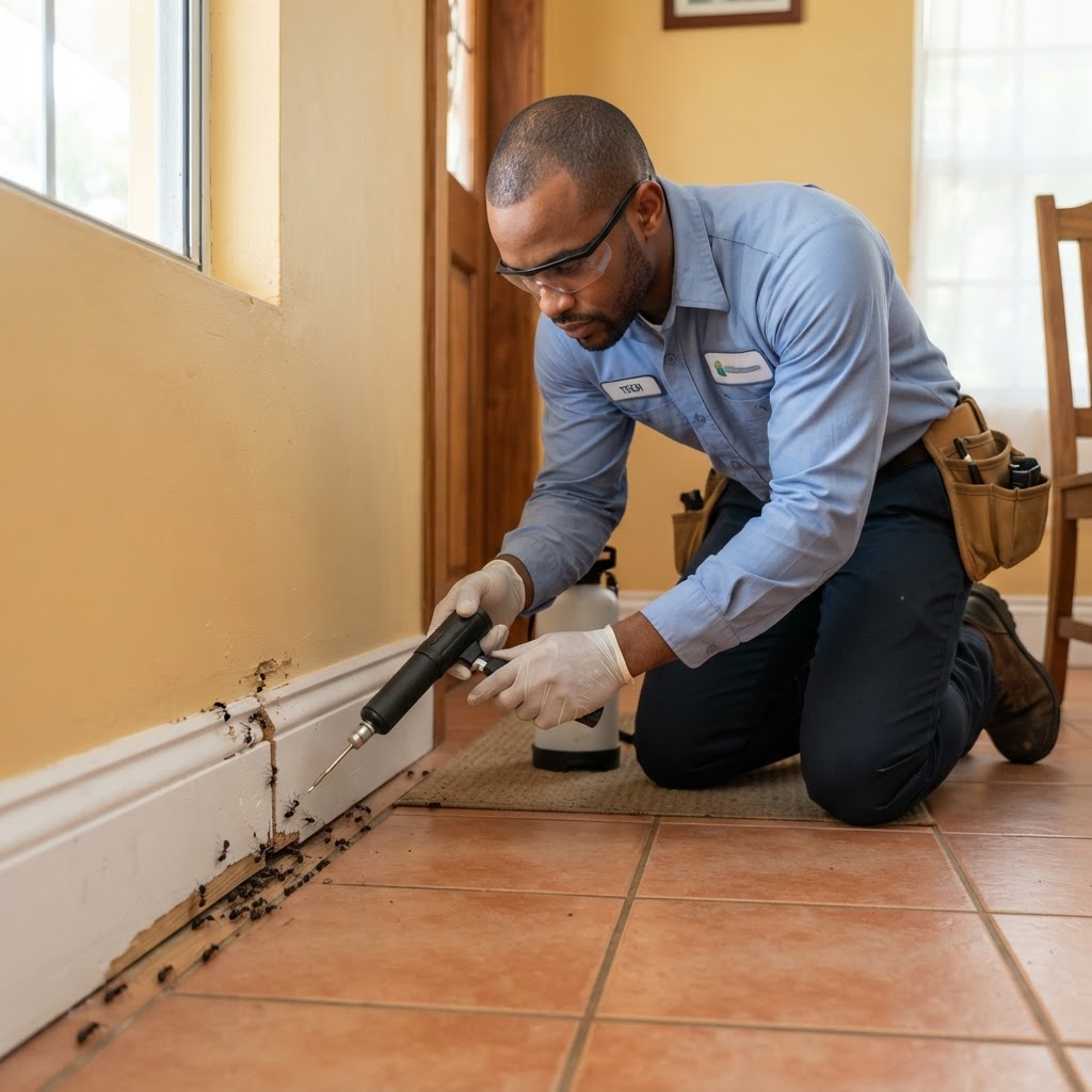 Professional pest control technician treating an ant infestation along a baseboard.