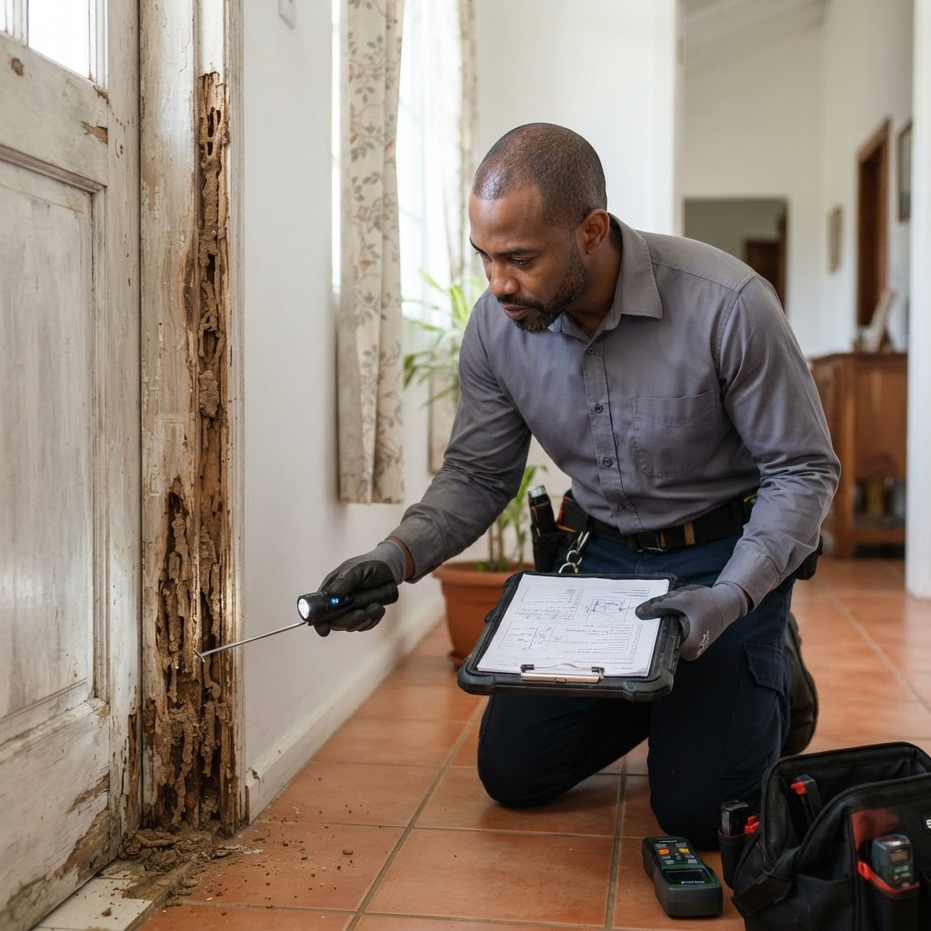 Professional pest control technician inspecting a wooden door frame for termite damage.