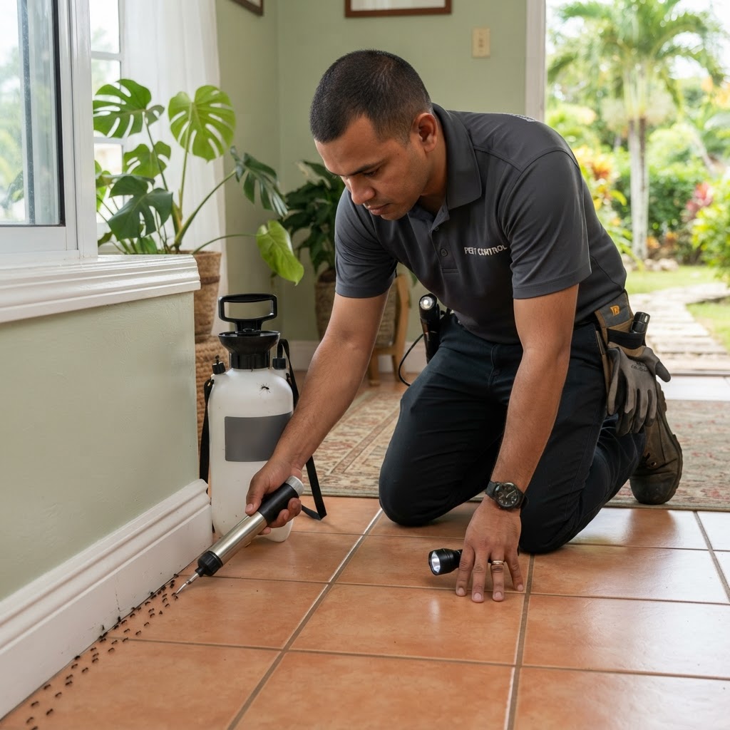 Professional pest control technician treating an ant infestation along a baseboard.