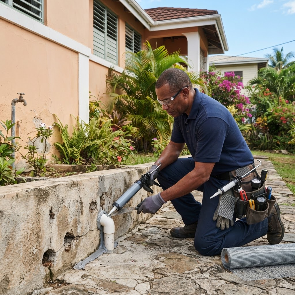 Professional pest control technician inspecting rodent entry points in a home.