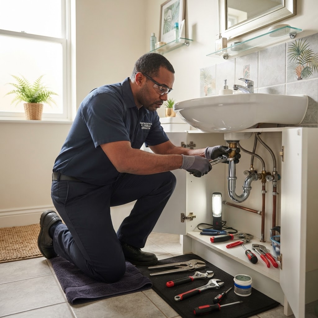 Professional servicing bathroom plumbing maintenance.