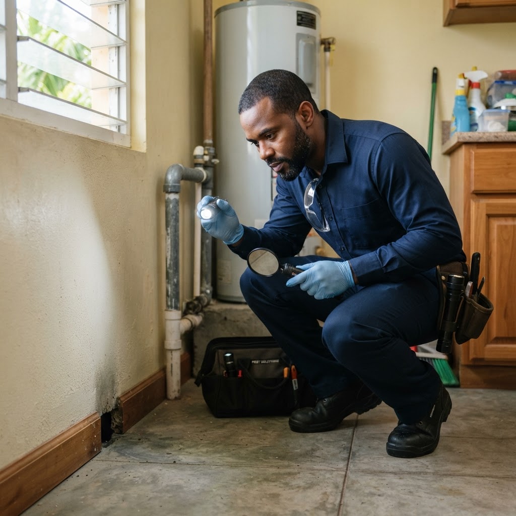 Professional pest control technician inspecting rodent entry points in a home.