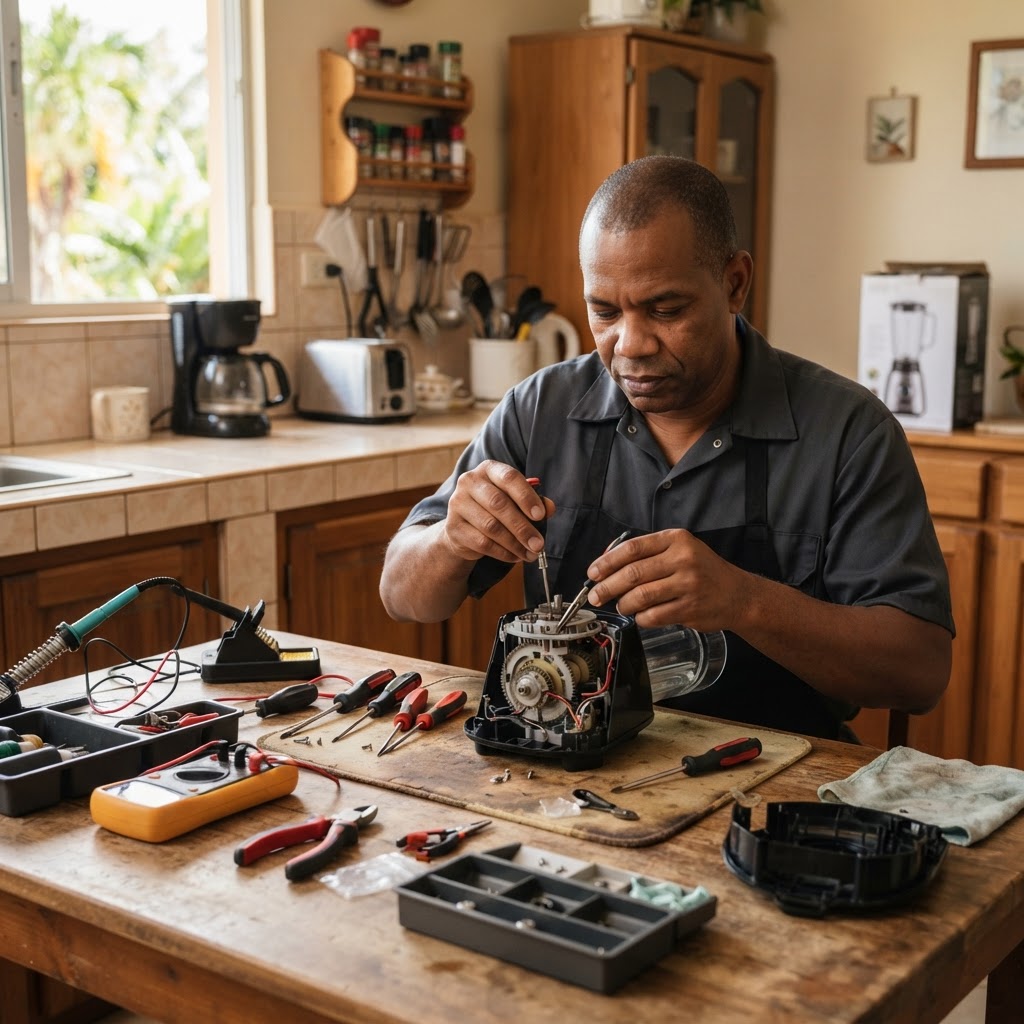Technician repairing a household appliance.