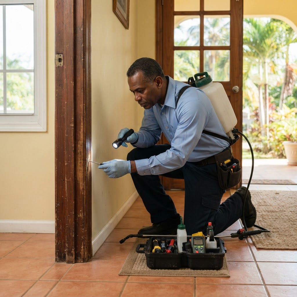 Professional pest control technician inspecting a wooden door frame for termite damage.