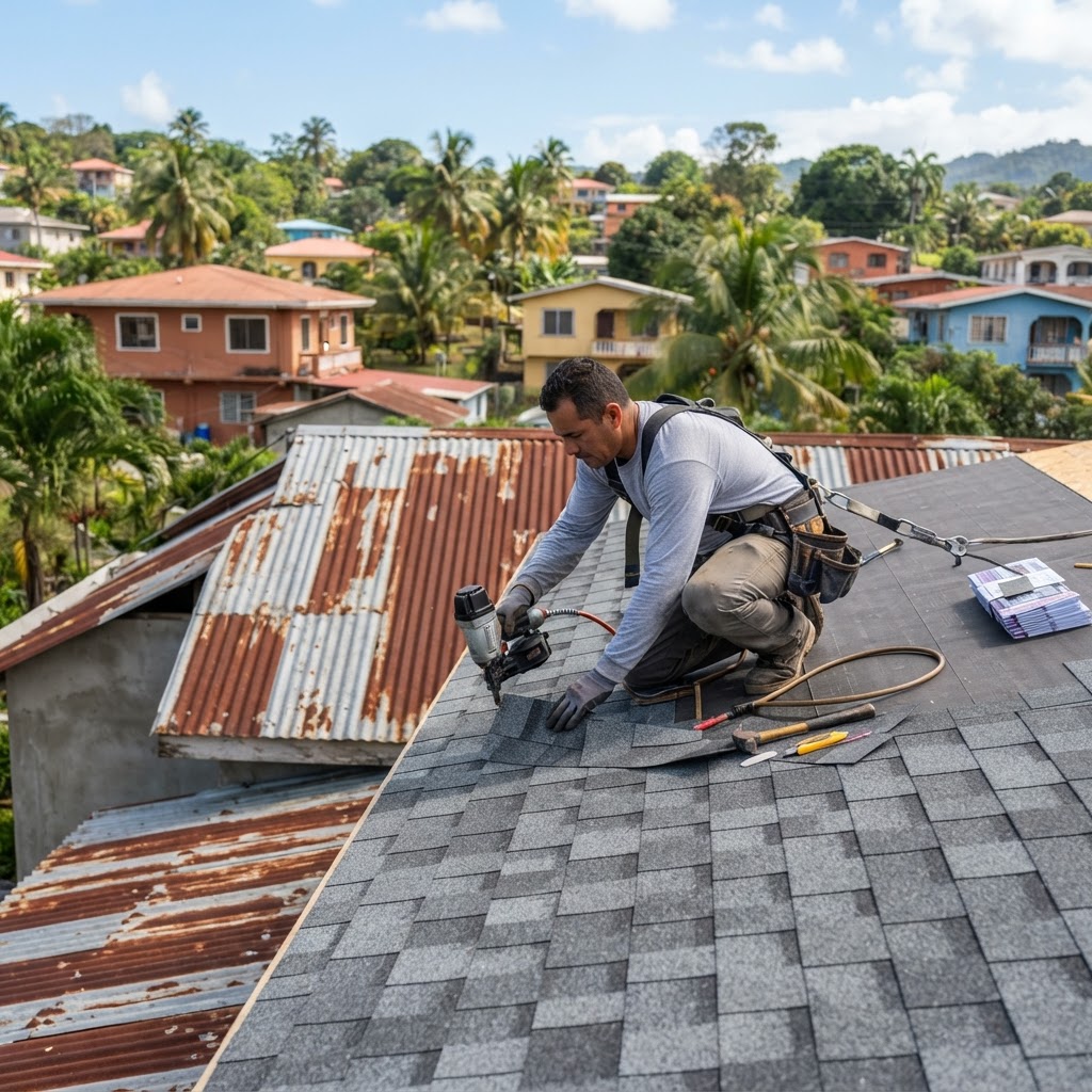 Professional roofer installing shingles on a residential roof.