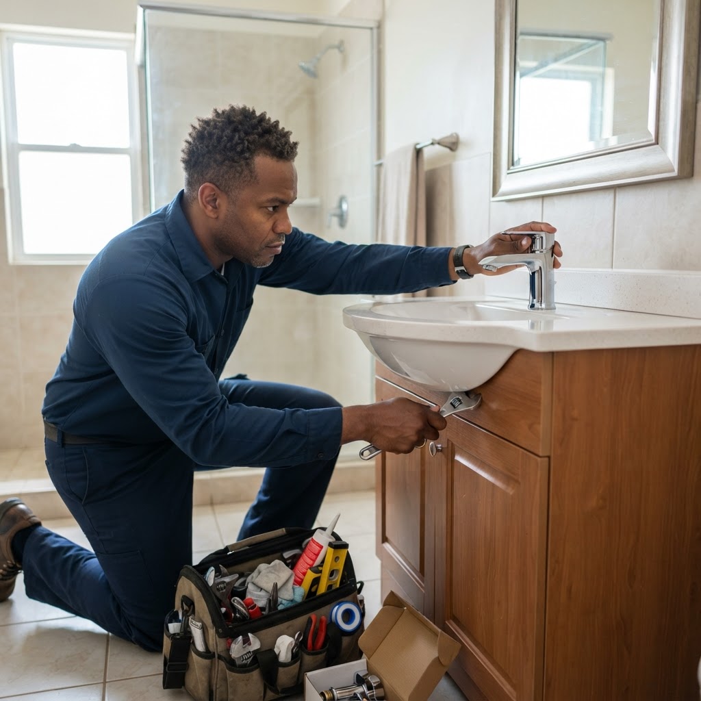 Professional repairing bathroom fixture replacement.