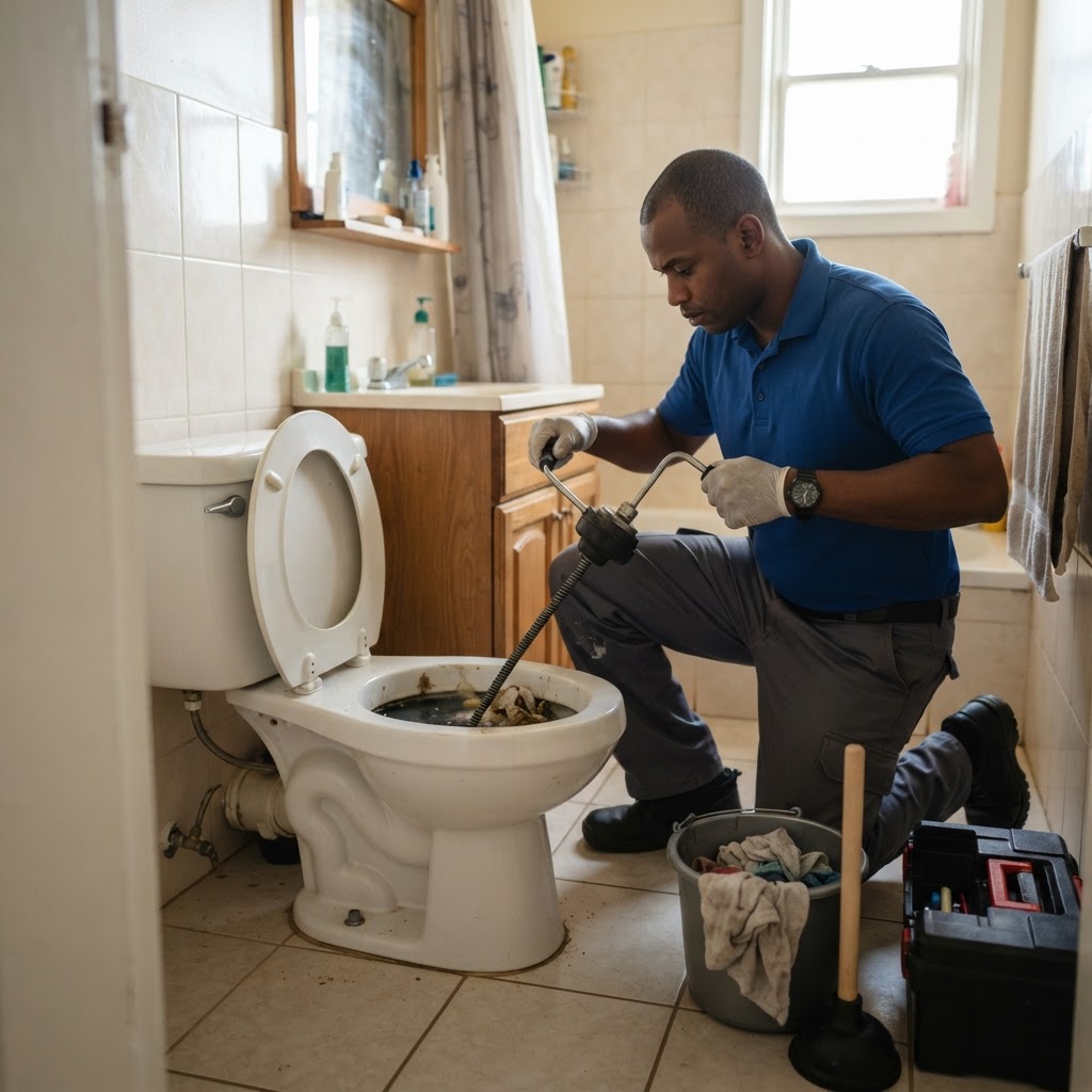Professional repairing blocked toilet clearing.