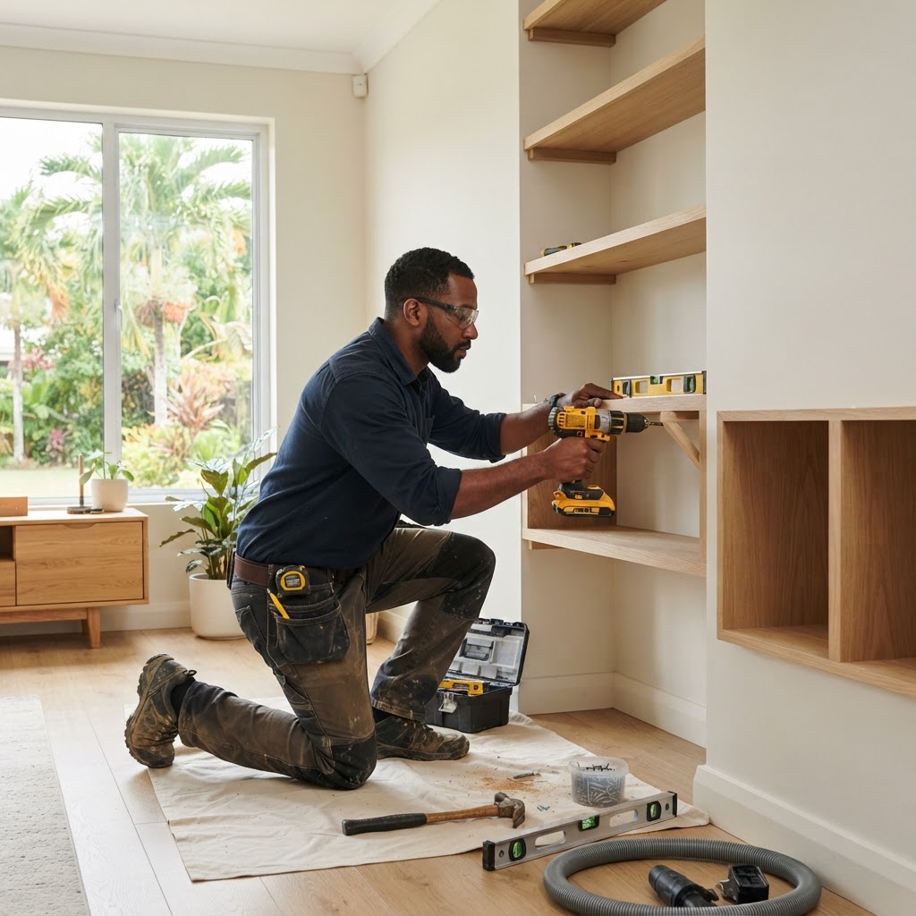 Professional installing custom shelving.