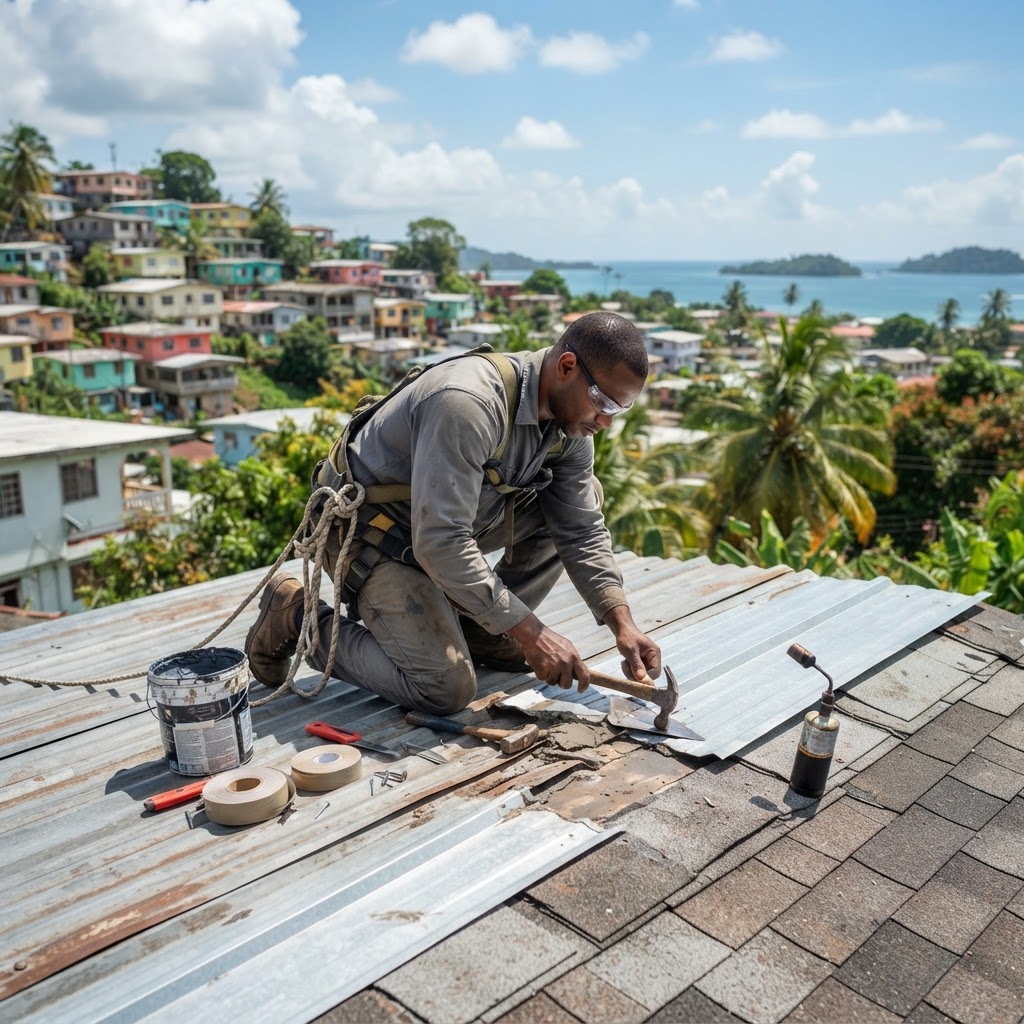 Professional roofer repairing a section of roof.