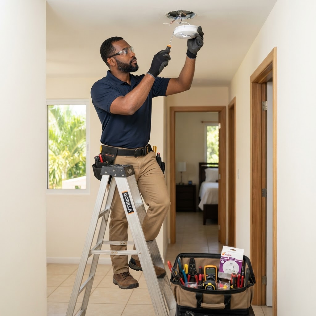 Professional repairing home safety fixture replacement.