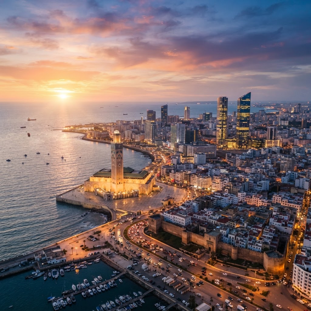 Vue aérienne de la skyline de Casablanca au coucher du soleil avec ses immeubles modernes