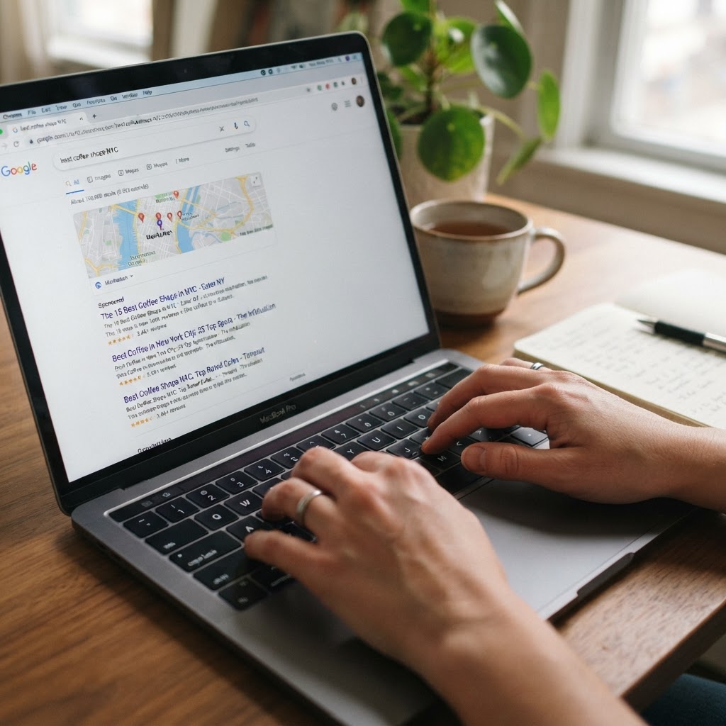 Personne tapant une recherche Google sur un ordinateur portable illustrant le réflexe de recherche avant achat