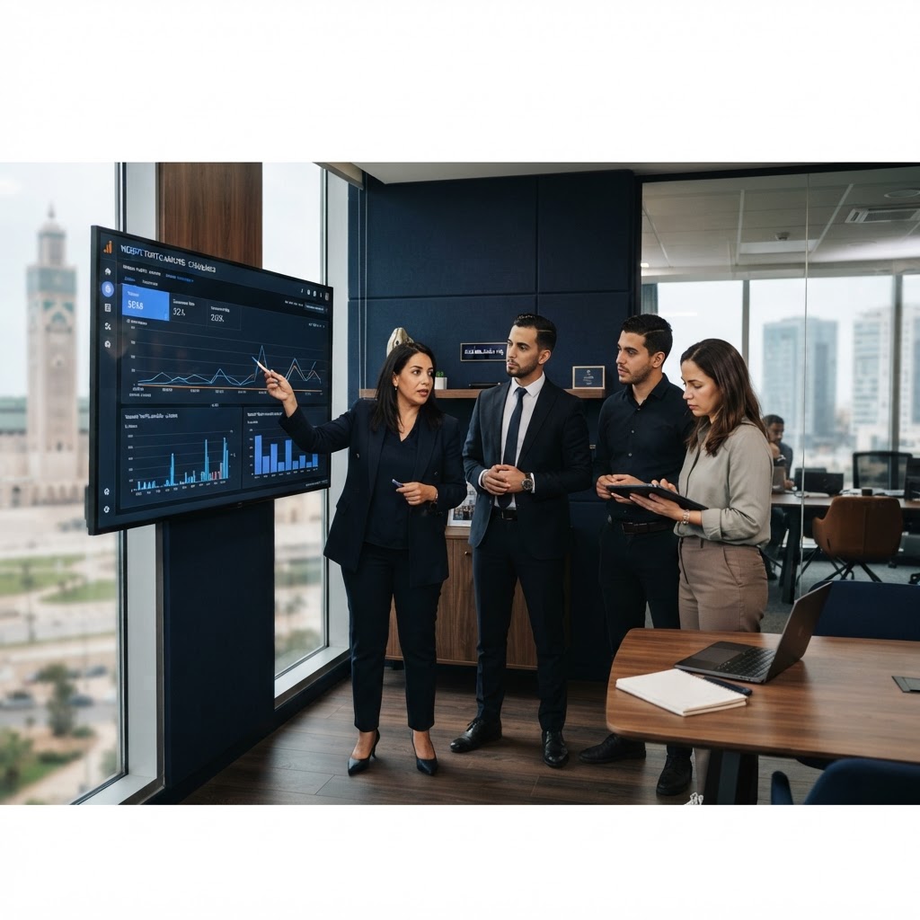 Équipe GrowthNova analysant les performances SEO d'un site web sur un grand écran dans un bureau à Casablanca