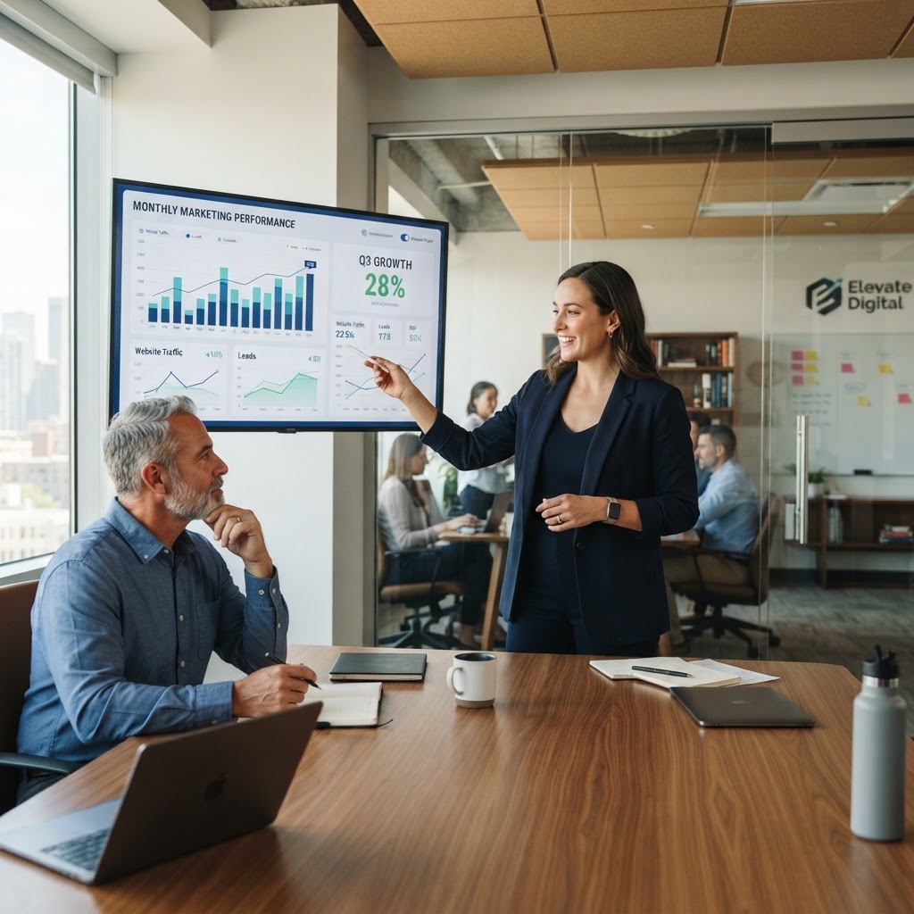 Consultant digital présentant un graphique de croissance à un client