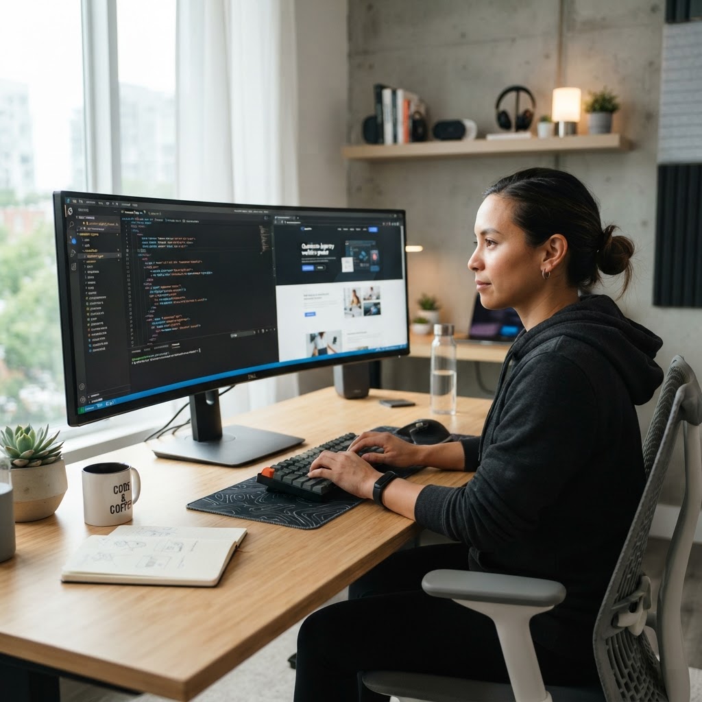 Développeur web travaillant sur la structure et le code d'un site sur un écran large