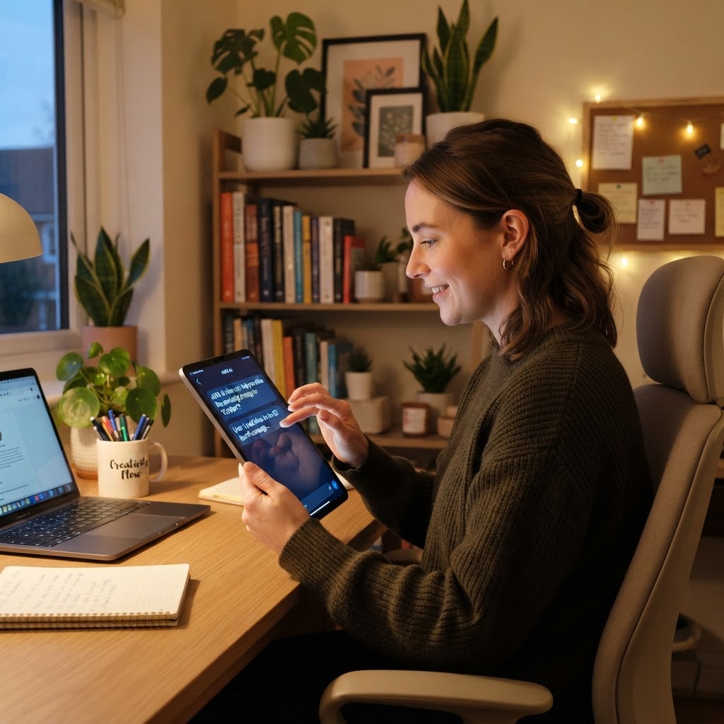 Personne utilisant une tablette avec une interface d'assistant conversationnel IA en arrière-plan