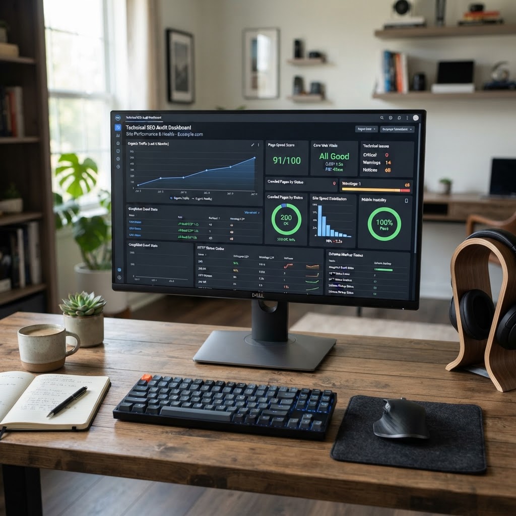 Écran d'ordinateur affichant un tableau de bord d'audit technique SEO avec graphiques de performance