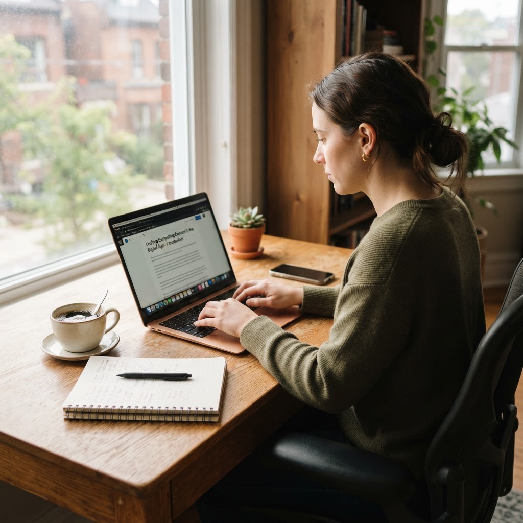 Rédacteur de contenu SEO rédigeant un article sur un ordinateur portable avec un carnet de notes