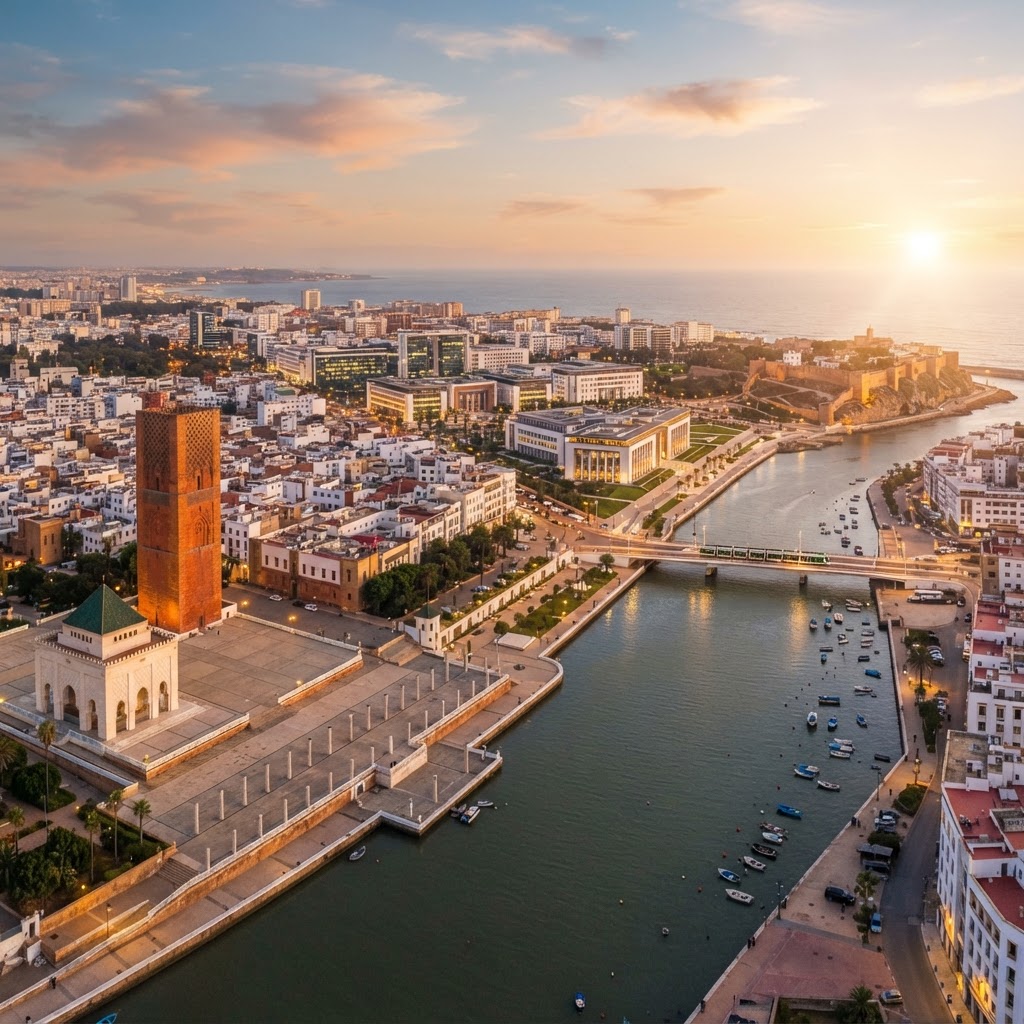 Vue aérienne de Rabat avec la Tour Hassan au coucher du soleil