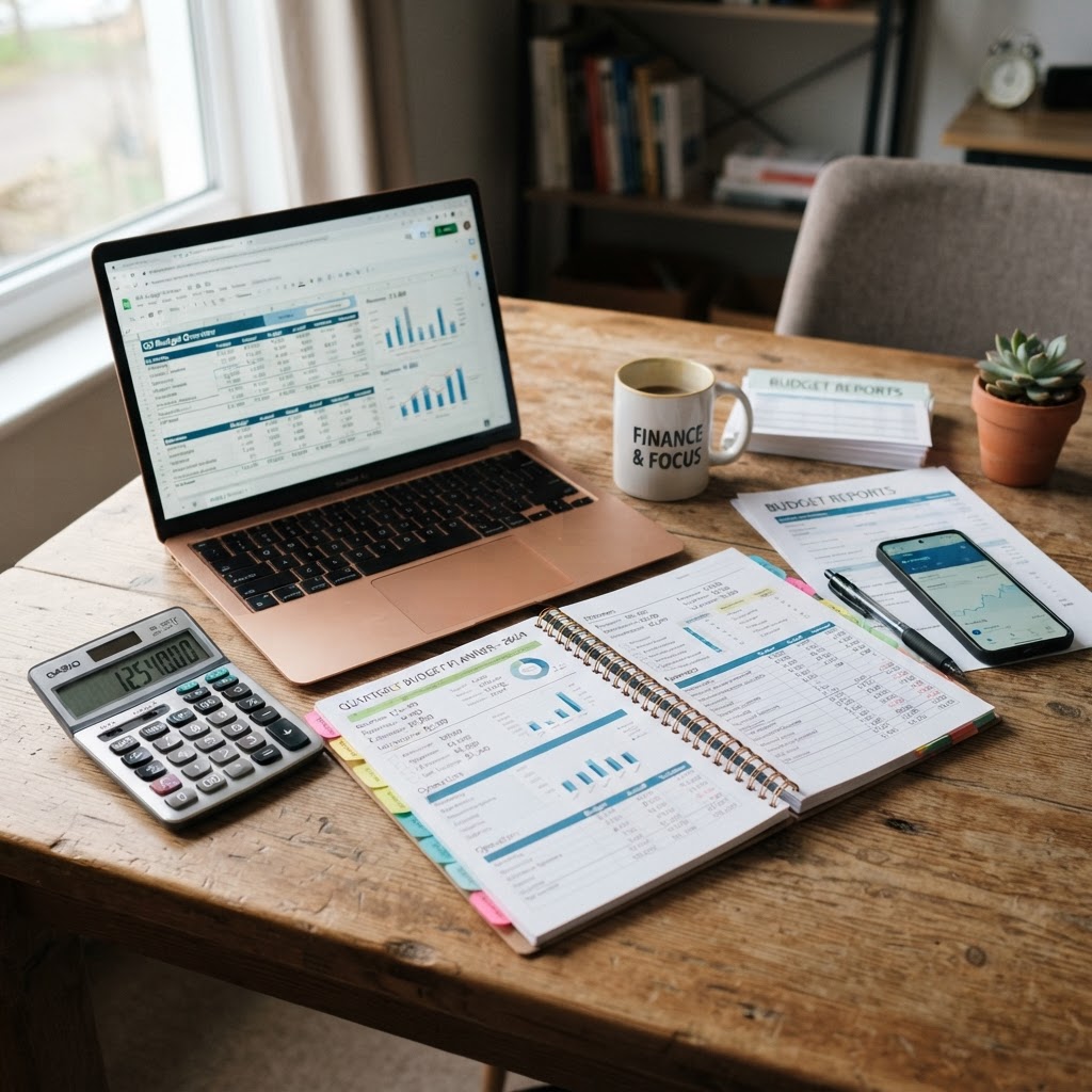 Documents de planification budgétaire avec calculatrice et ordinateur portable sur un bureau en bois