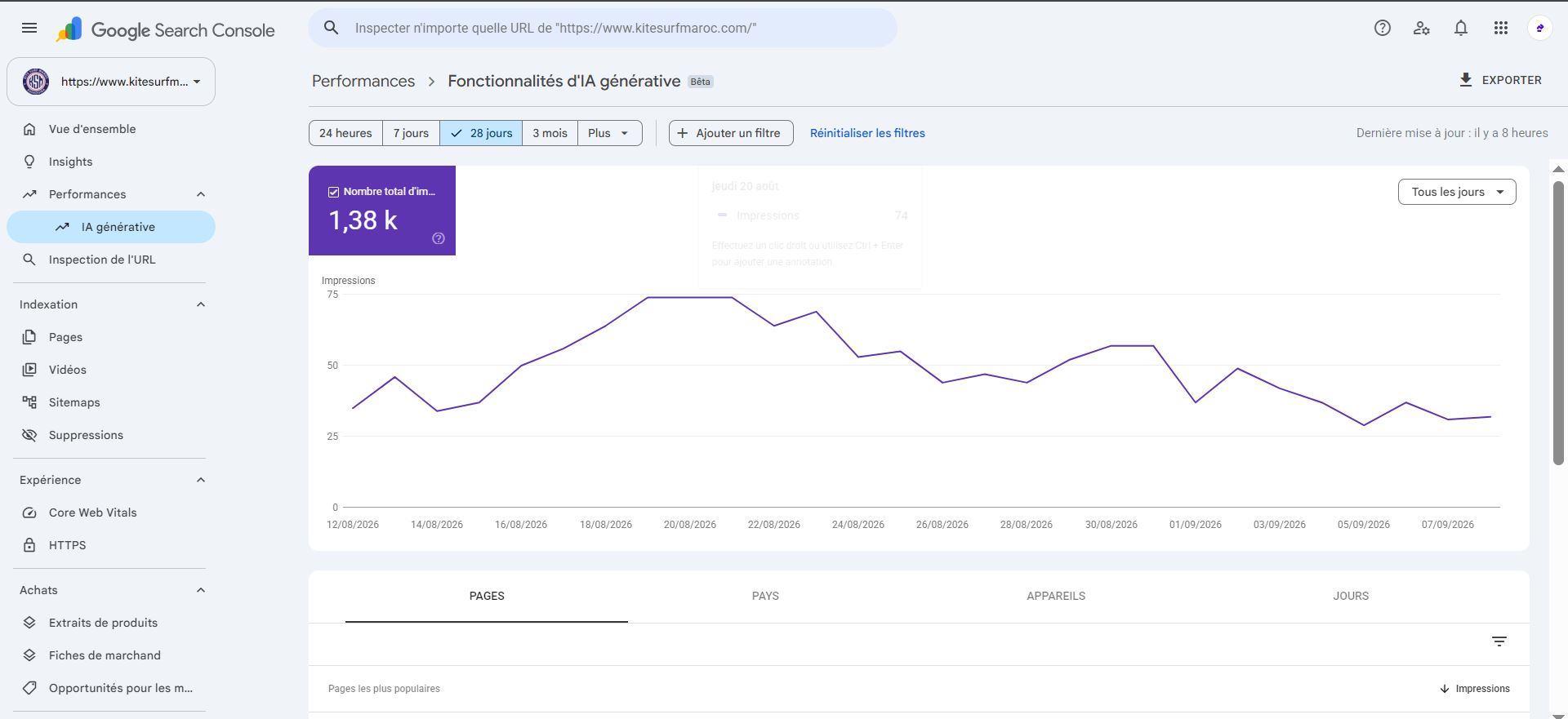 1 380 impressions en 28 jours — Google Search Console