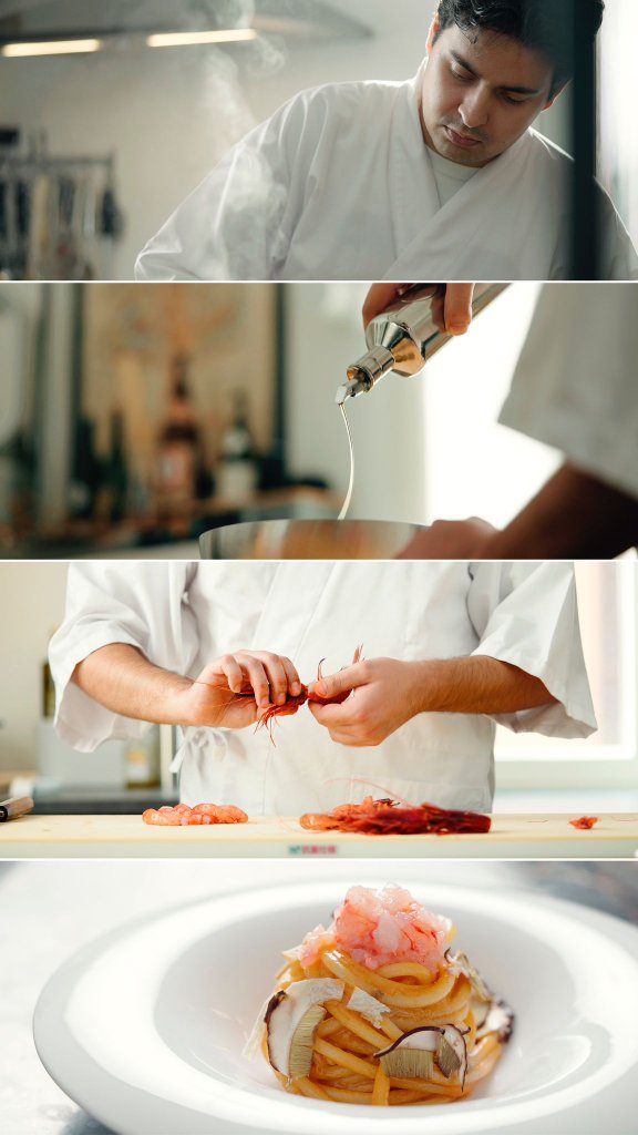 Ricerca e sviluppo BORRELLO — chef, olio, gambero, impiattamento