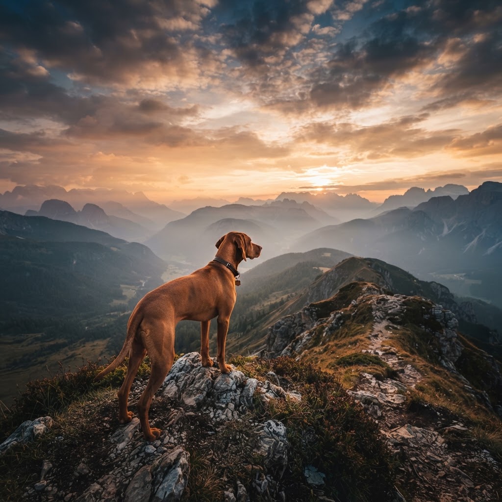 Adventurous dog on a mountain ridge at sunset