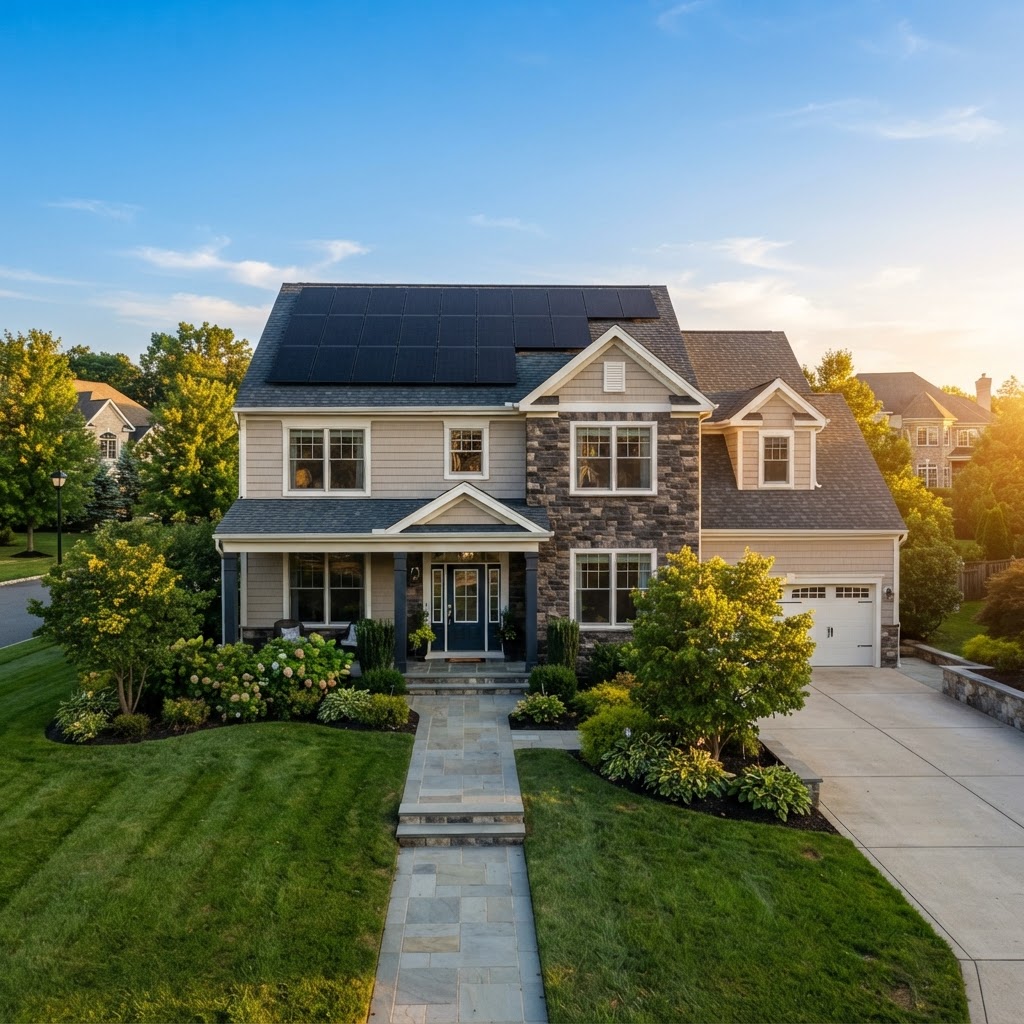 Home with modern all-black solar panels and an architectural shingle roof