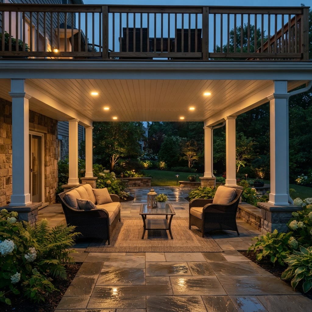 Finished underdeck ceiling creating a dry outdoor living space