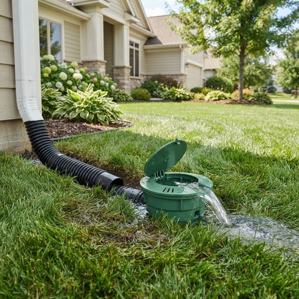 Underground downspout drainage with pop-up emitter in a lawn