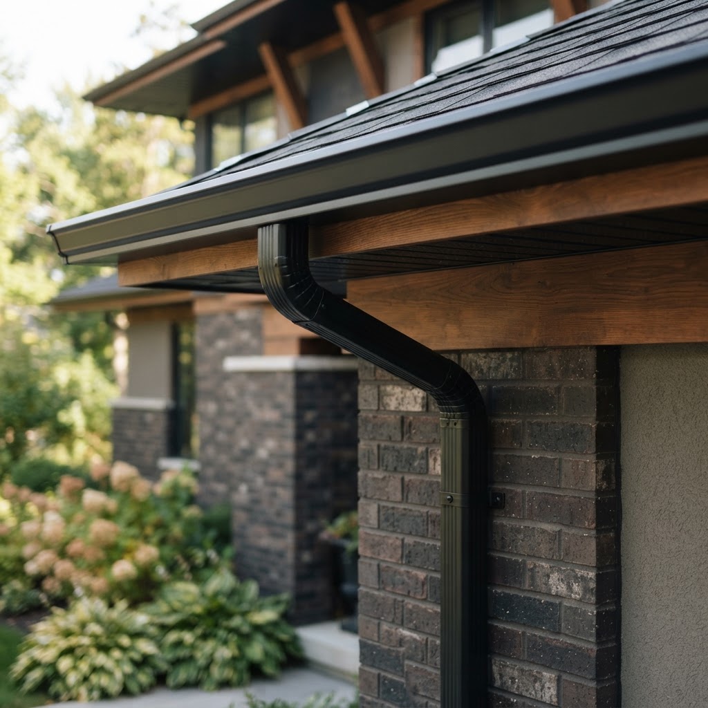 New seamless black aluminum gutters installed on a home