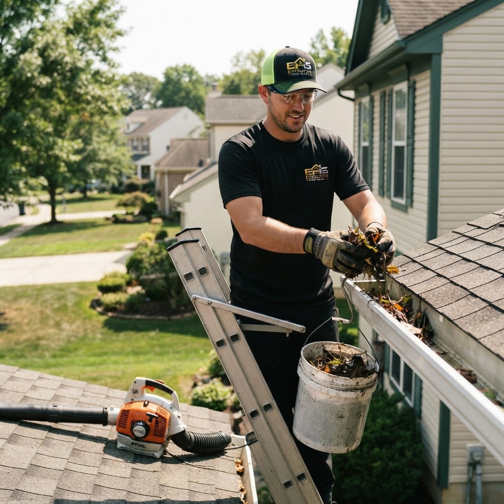 Executive Home Services technician in a branded uniform cleaning debris from a residential gutter by hand from a ladder