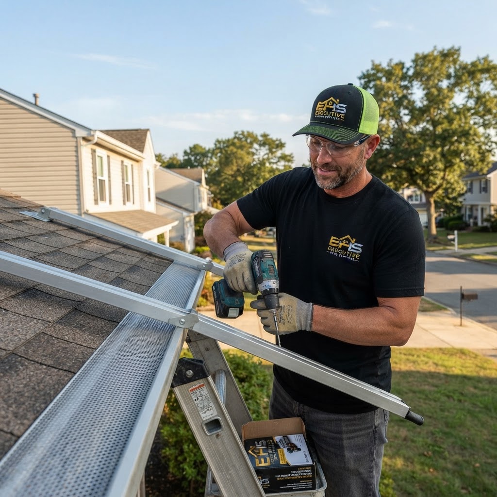Executive Home Services technician installing metal gutter guards with a cordless drill