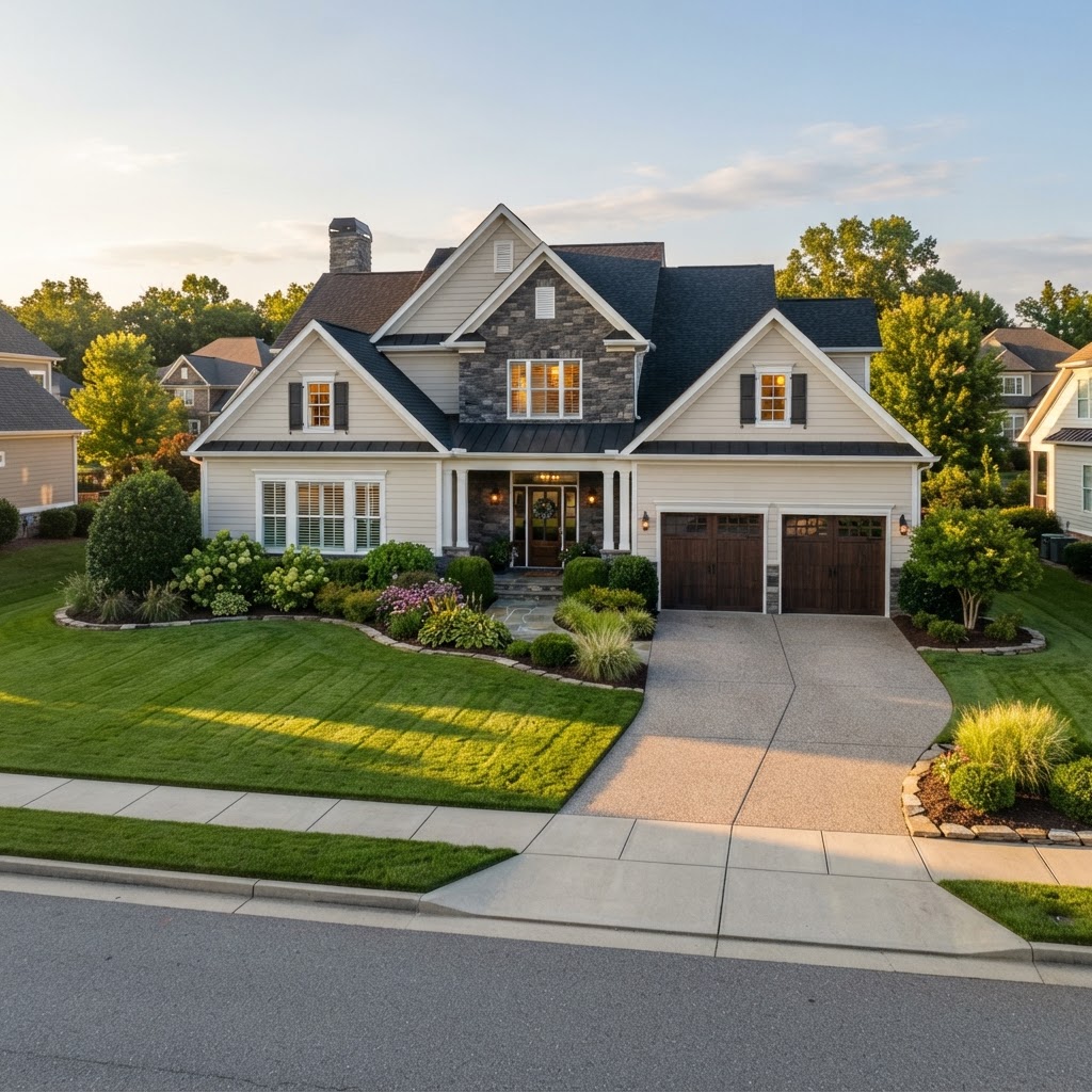 A pristine well-maintained suburban home exterior with immaculate curb appeal