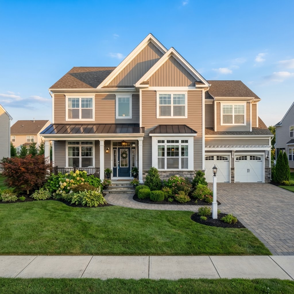 A two-story suburban home with freshly installed premium vinyl siding, crisp clean lines, board and batten accent gable, white trim and seamless gutters at golden hour
