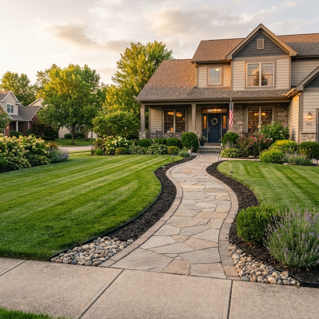 A freshly mowed and edged suburban front lawn with clean green stripes