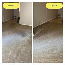 Before and after carpet cleaning with a large dark stain completely removed from a beige carpet