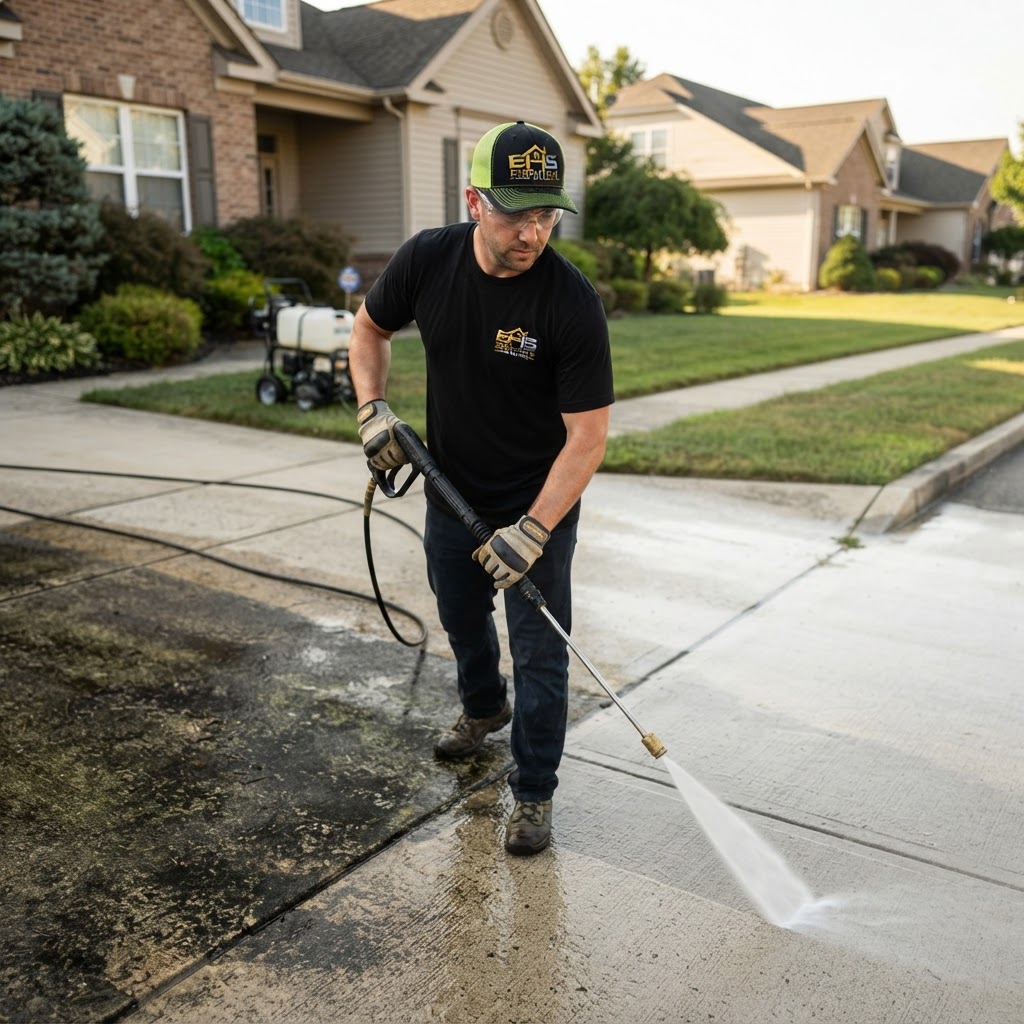 Executive Home Services technician power washing a concrete driveway, showing the clean line against the dirty section