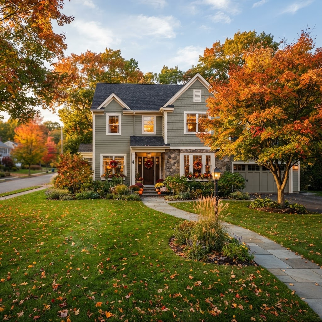 Cozy suburban home in early autumn with fallen leaves on a green lawn