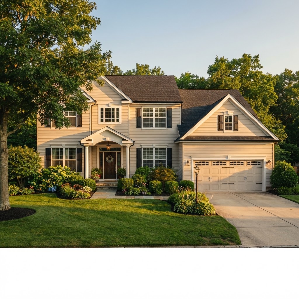 A beautiful, well-maintained South Jersey home with clean siding, a new roof and seamless gutters at golden hour