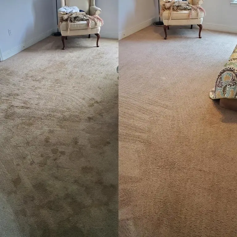 Before and after residential carpet cleaning showing dark patchy stains lifted to a clean, uniform carpet with vacuum lines